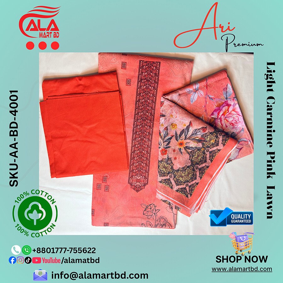 ARI Premium Quality Three PCS – Light Carmine Pink Lawn